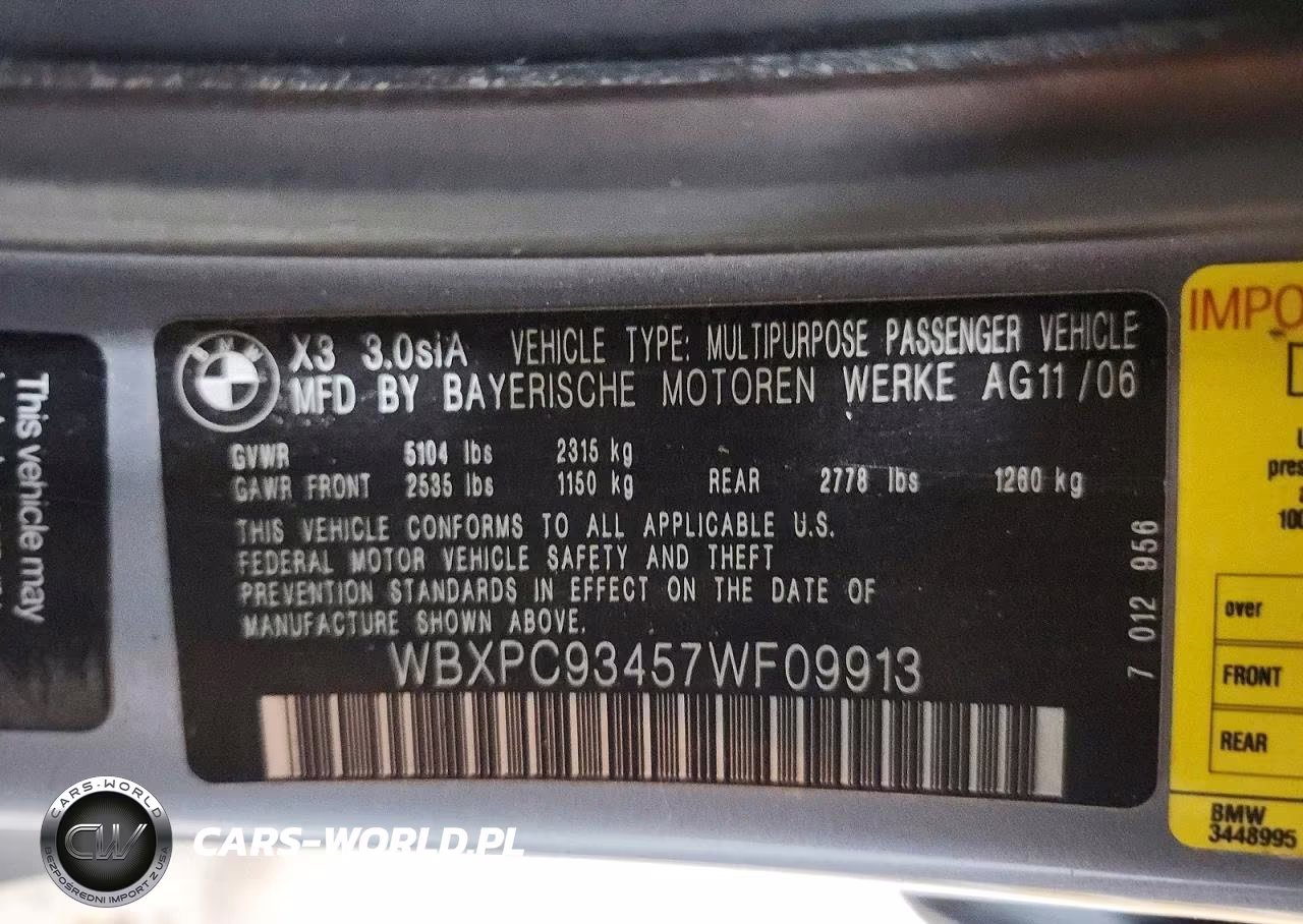 2007 BMW X3 3.0Si VIN:WBXPC93457WF09913 - 13