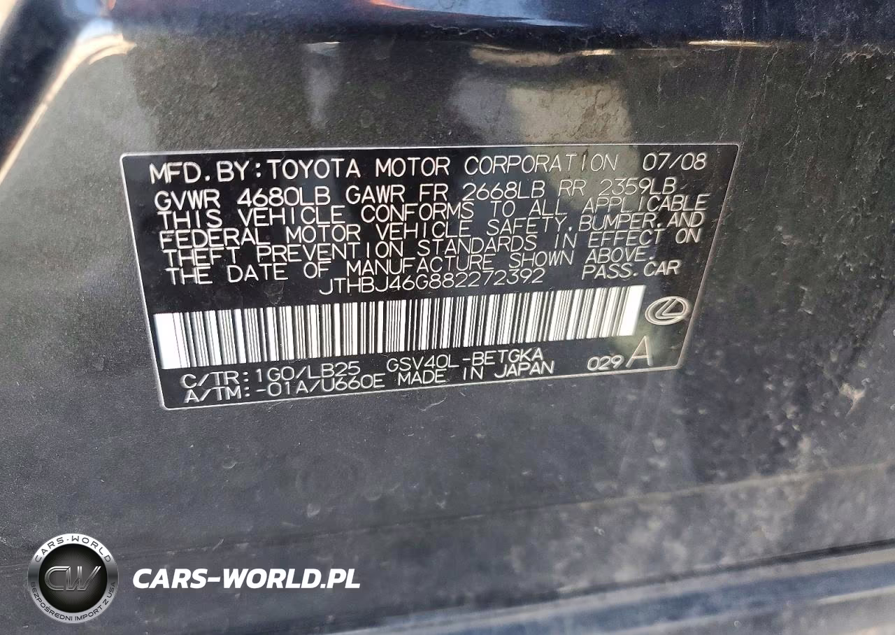 2008 Lexus Es 350 VIN:JTHBJ46G882272392 - 12