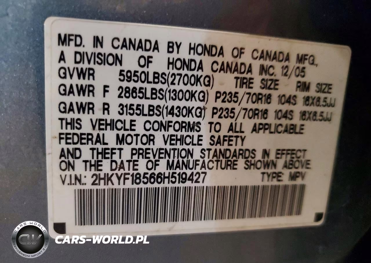 2006 Honda Pilot Ex VIN:2HKYF18566H519427 - 14