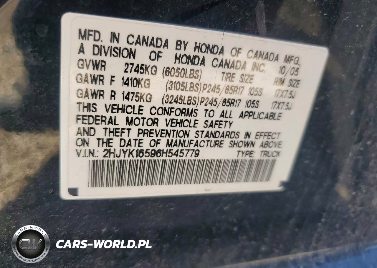 2006 Honda Ridgeline Rtl VIN:2HJYK16596H545779 - 13