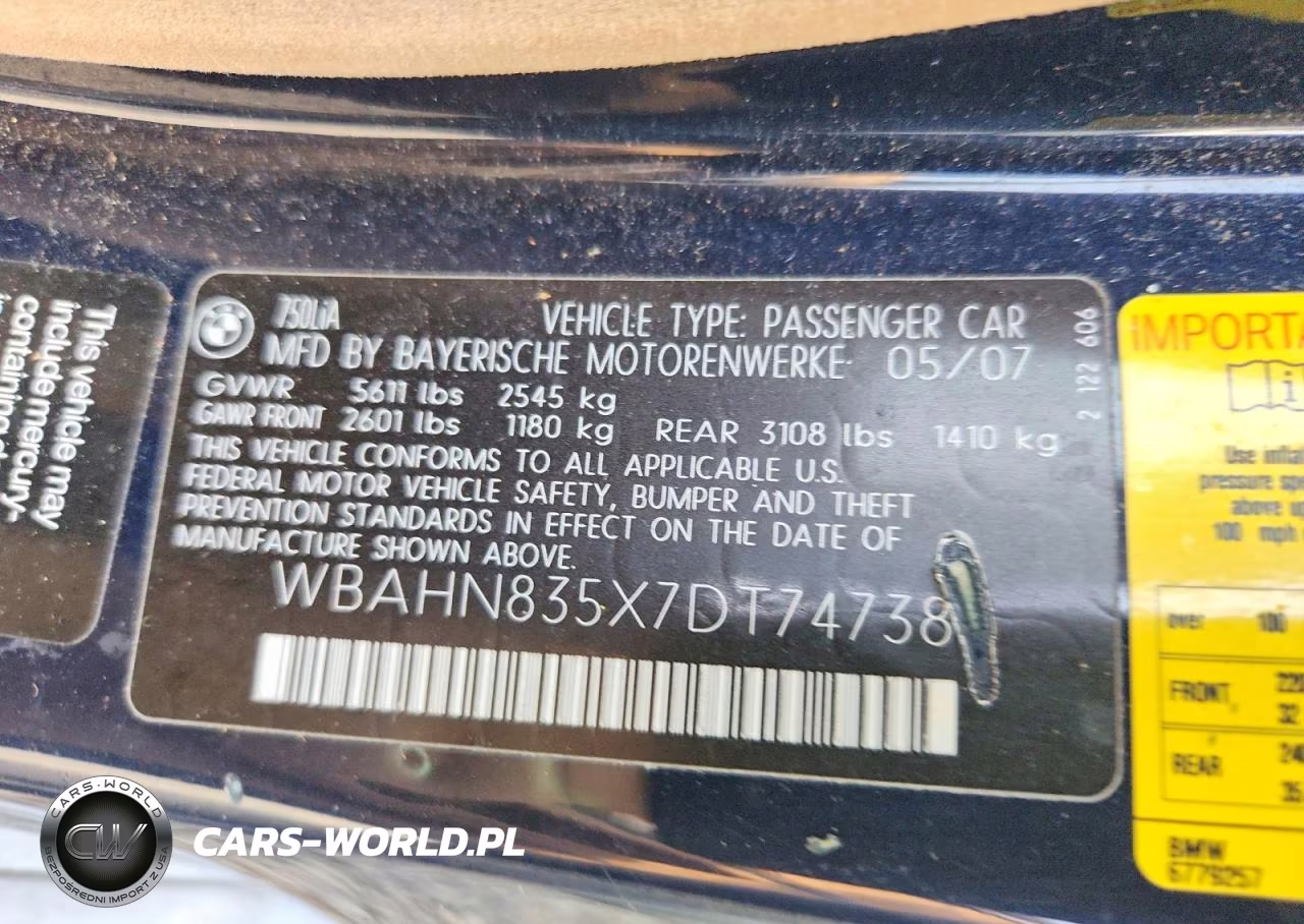 2007 BMW 750 VIN:WBAHN835X7DT74738 - 12