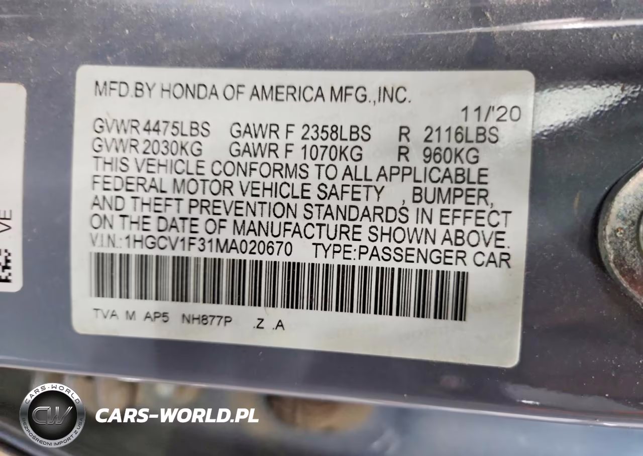 2021 Honda Accord Sport VIN:1HGCV1F31MA020670 - 12