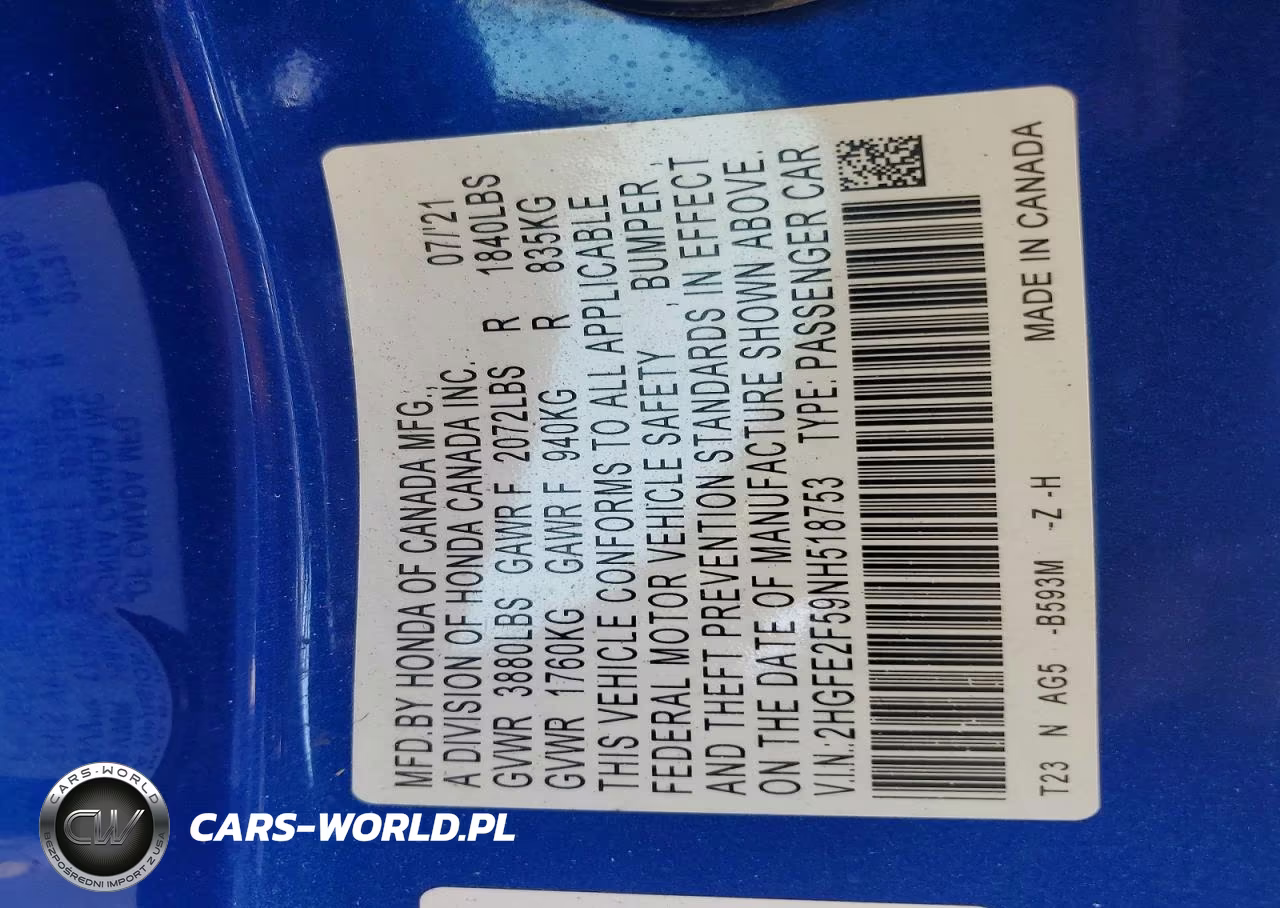 2022 Honda Civic Sport VIN:2HGFE2F59NH518753 - 12