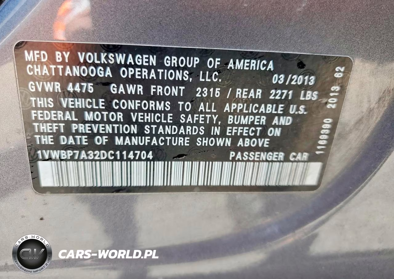 2013 Volkswagen Passat Se VIN:1VWBP7A32DC114704 - 12