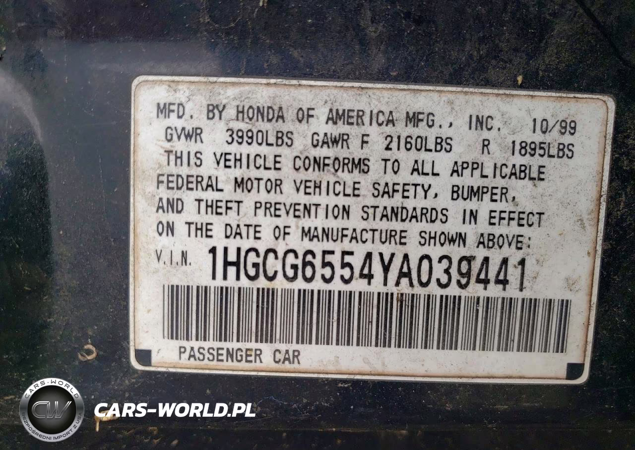 2000 Honda Accord Lx VIN:1HGCG6554YA039441 - 12