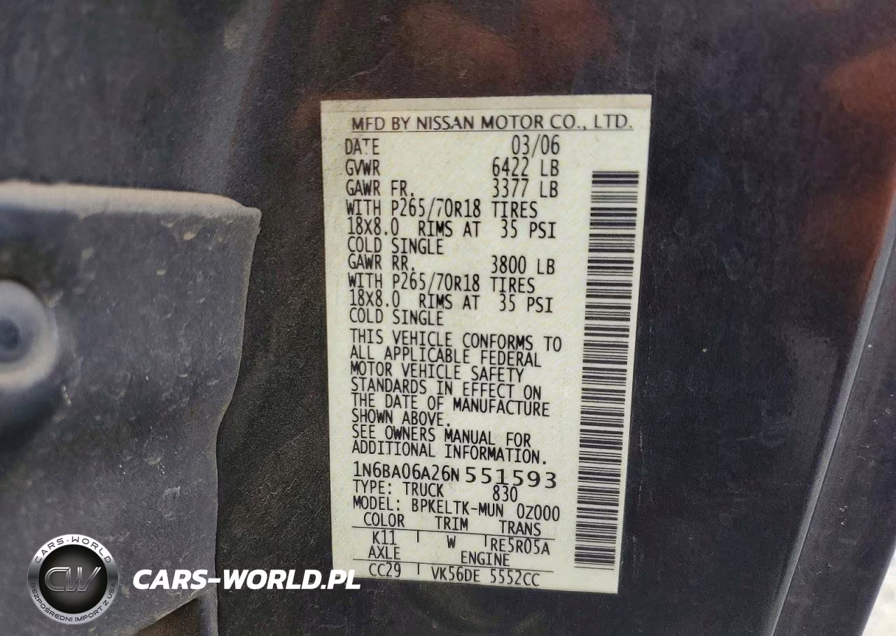 2006 Nissan Titan Xe Ffv VIN:1N6BA06A26N551593 - 14