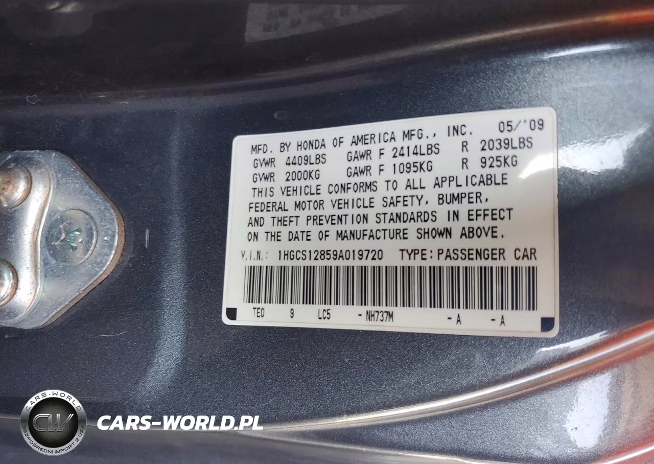 2009 Honda Accord Exl VIN:1HGCS12859A019720 - 12