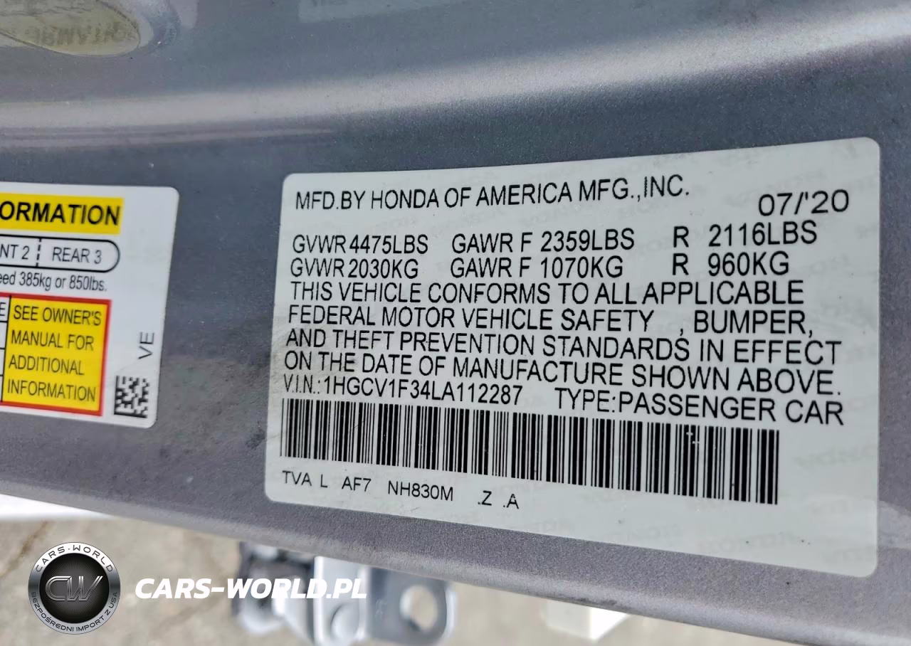 2020 Honda Accord Sport VIN:1HGCV1F34LA112287 - 12