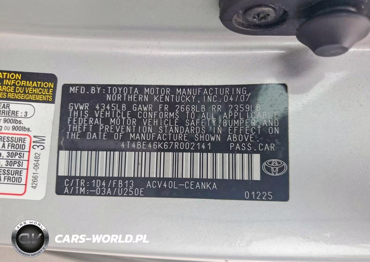 2007 Toyota Camry Le VIN:4T4BE46K67R002141 - 12