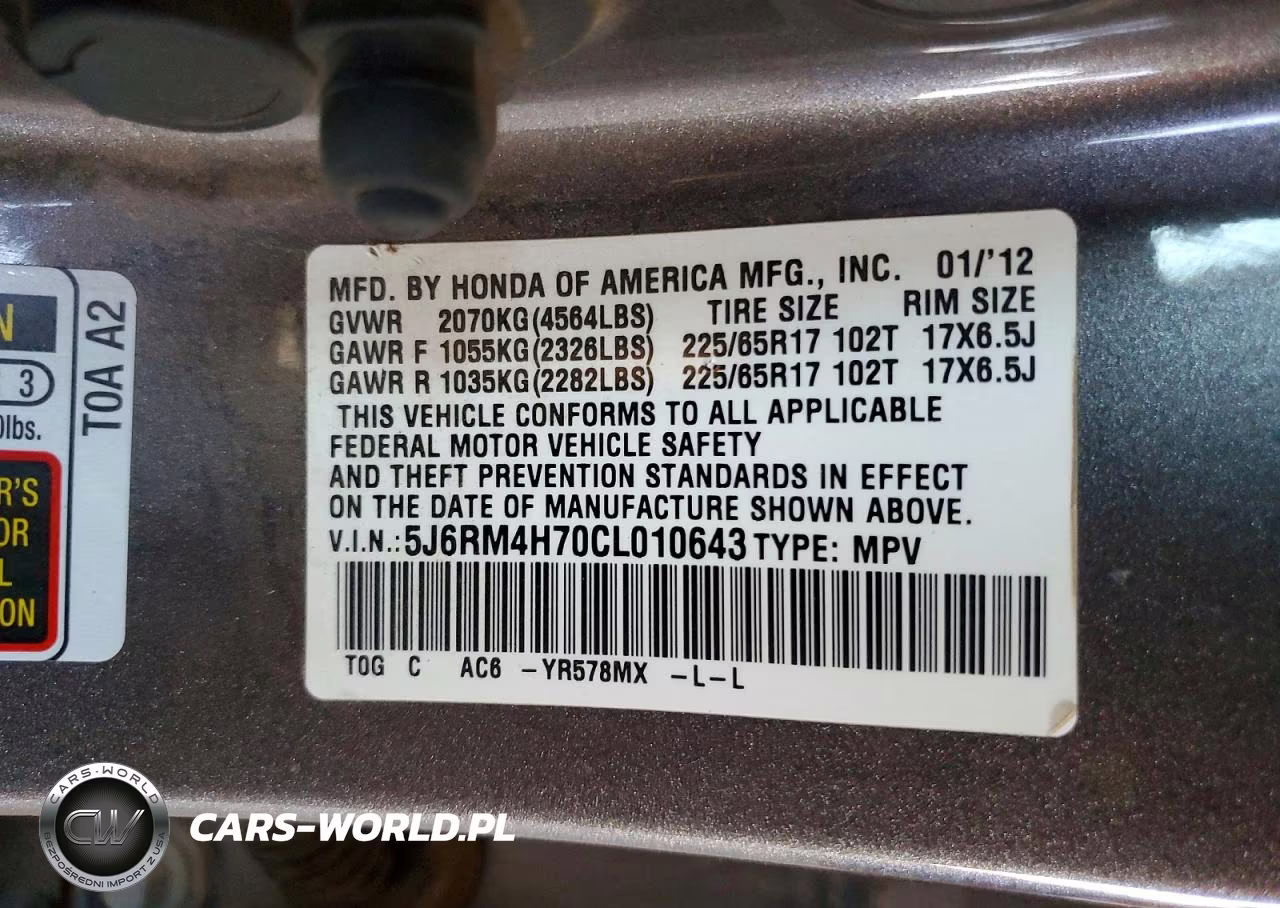 2012 Honda Cr-V Exl VIN:5J6RM4H70CL010643 - 12