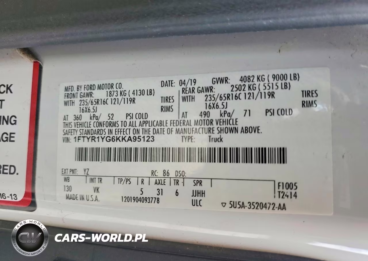 2019 Ford Transit T-250 VIN:1FTYR1YG6KKA95123 - 13