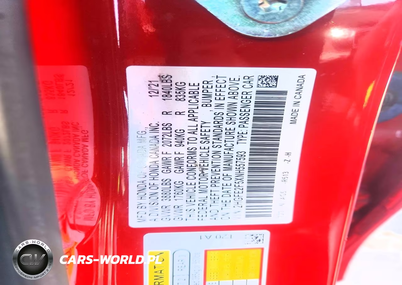 2022 Honda Civic Sport VIN:2HGFE2F5XNH557593 - 12