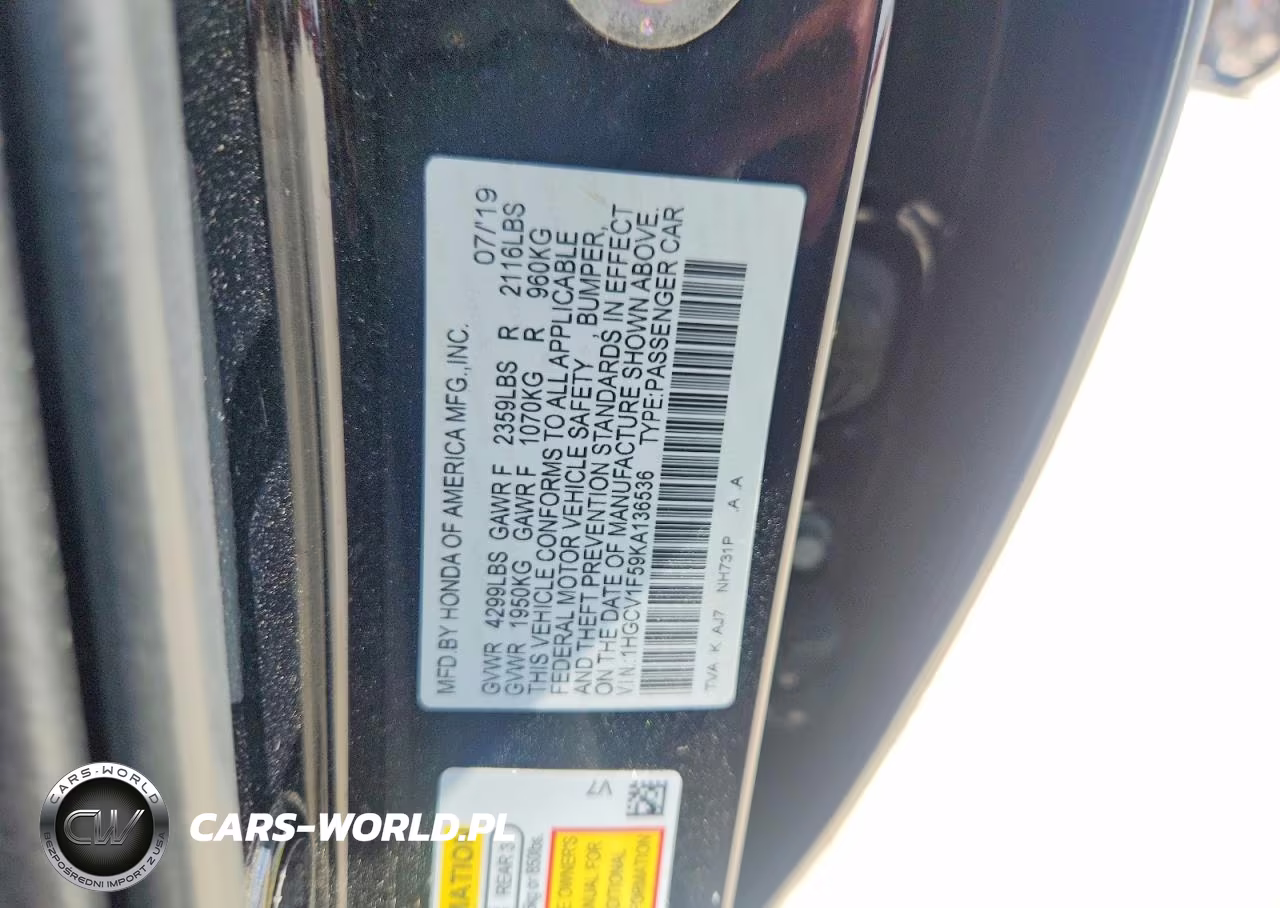 2019 Honda Accord Exl VIN:1HGCV1F59KA136536 - 12