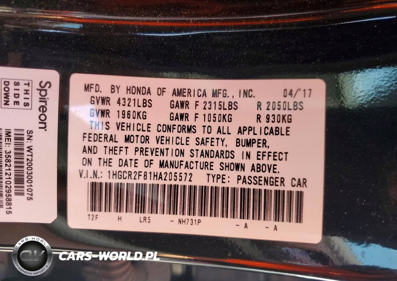 2017 Honda Accord Exl VIN:1HGCR2F81HA205572 - 12