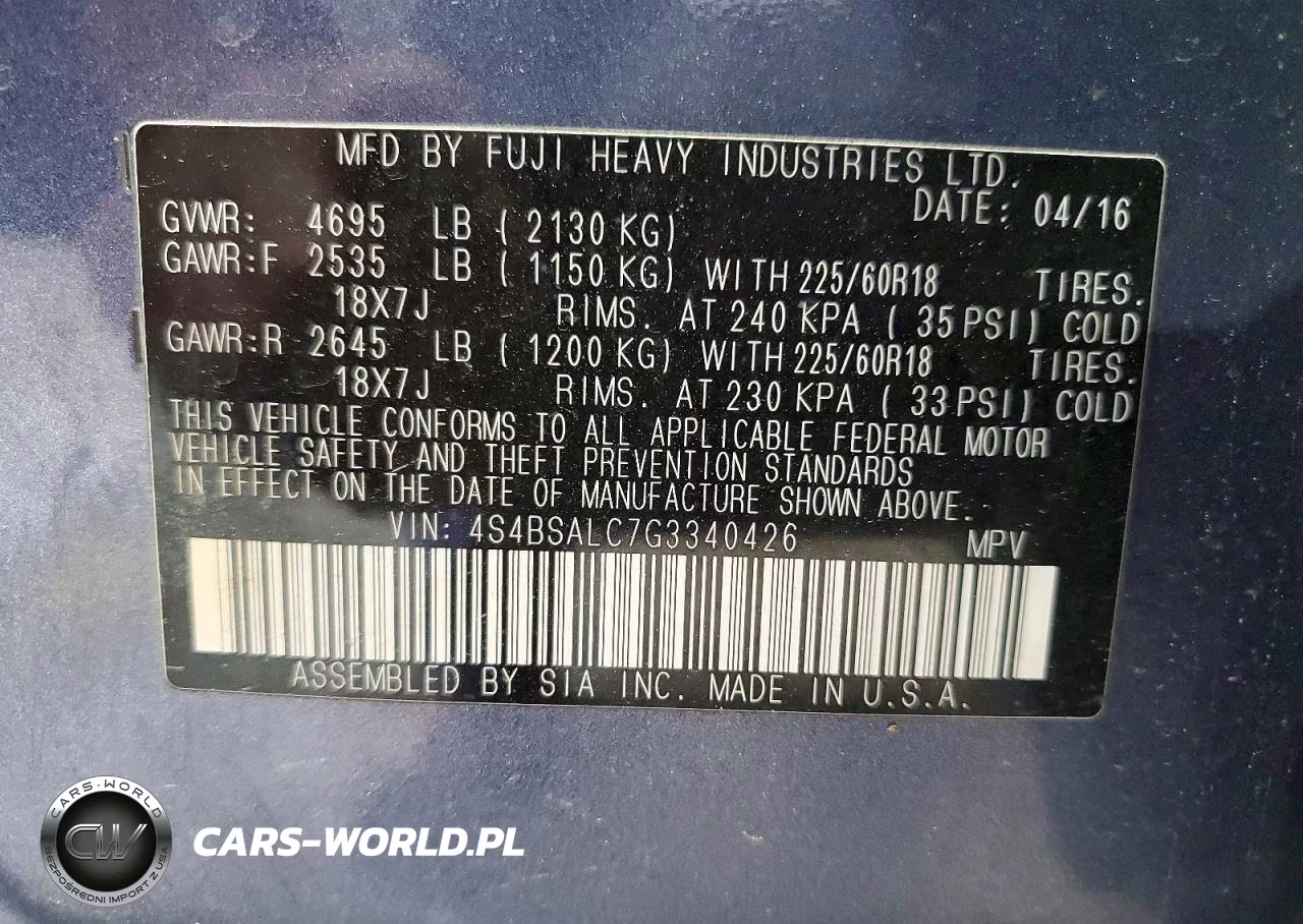 2016 Subaru Outback 2.5I Limited VIN:4S4BSALC7G3340426 - 12