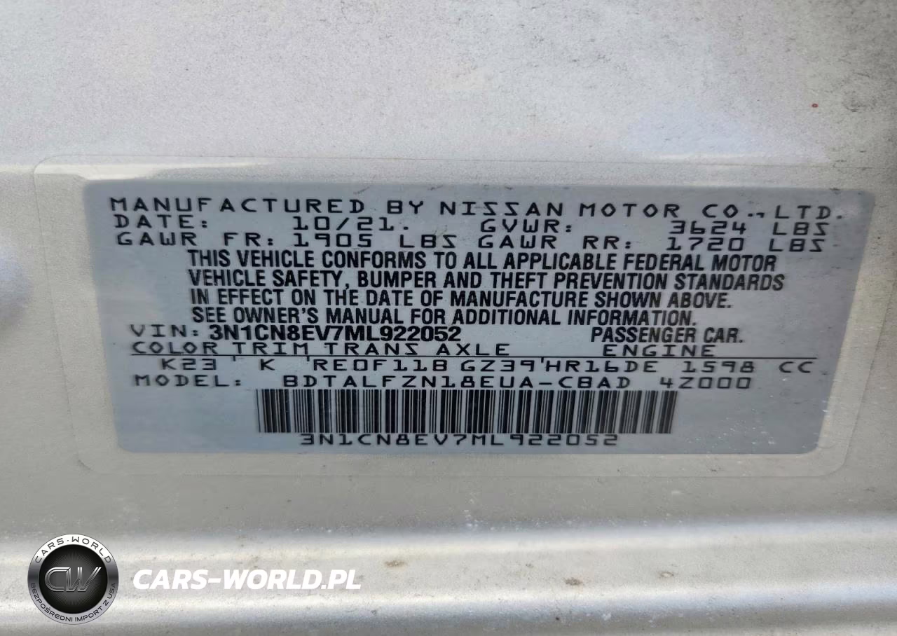 2021 Nissan Versa Sv VIN:3N1CN8EV7ML922052 - 12