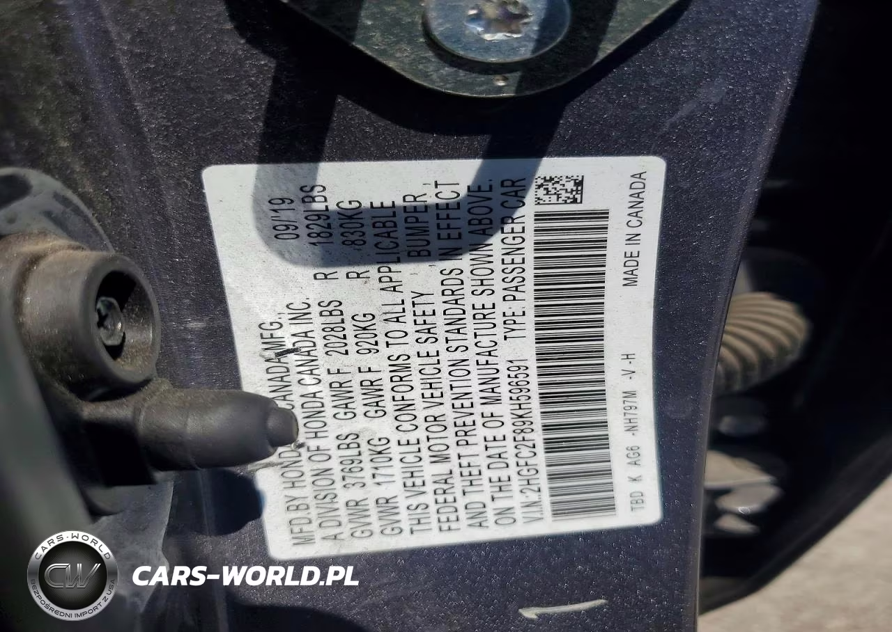 2019 Honda Civic Sport VIN:2HGFC2F89KH596591 - 12