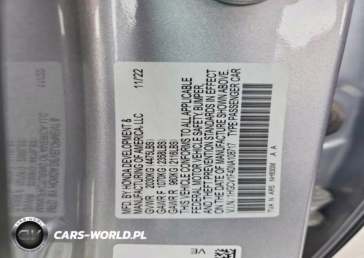 2022 Honda Accord Sport Se VIN:1HGCV1F40NA108717 - 12