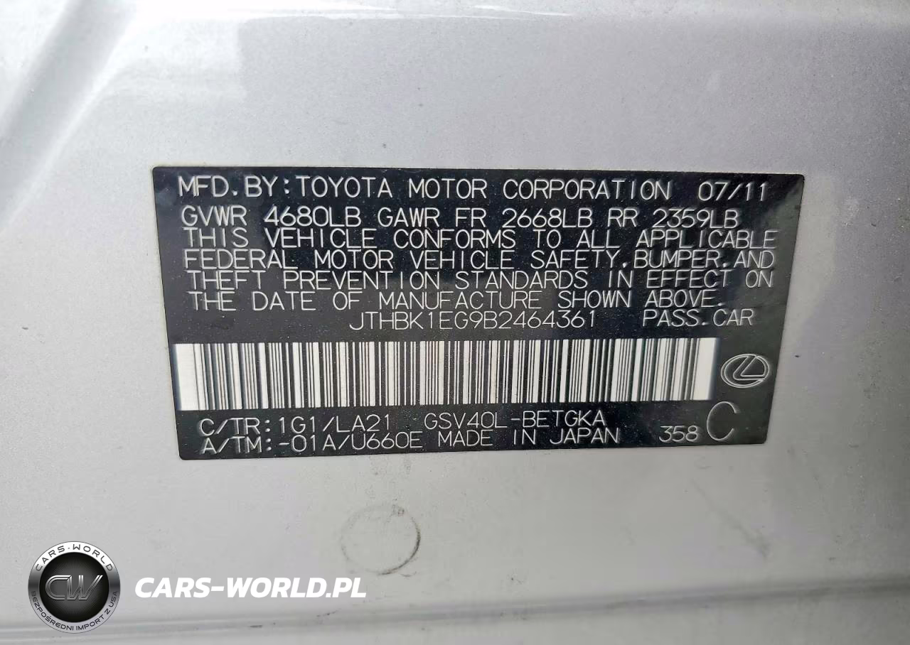 2011 Lexus Es 350 VIN:JTHBK1EG9B2464361 - 12