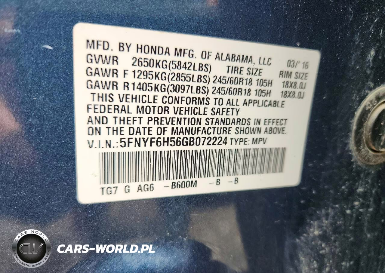 2016 Honda Pilot Exl VIN:5FNYF6H56GB072224 - 13