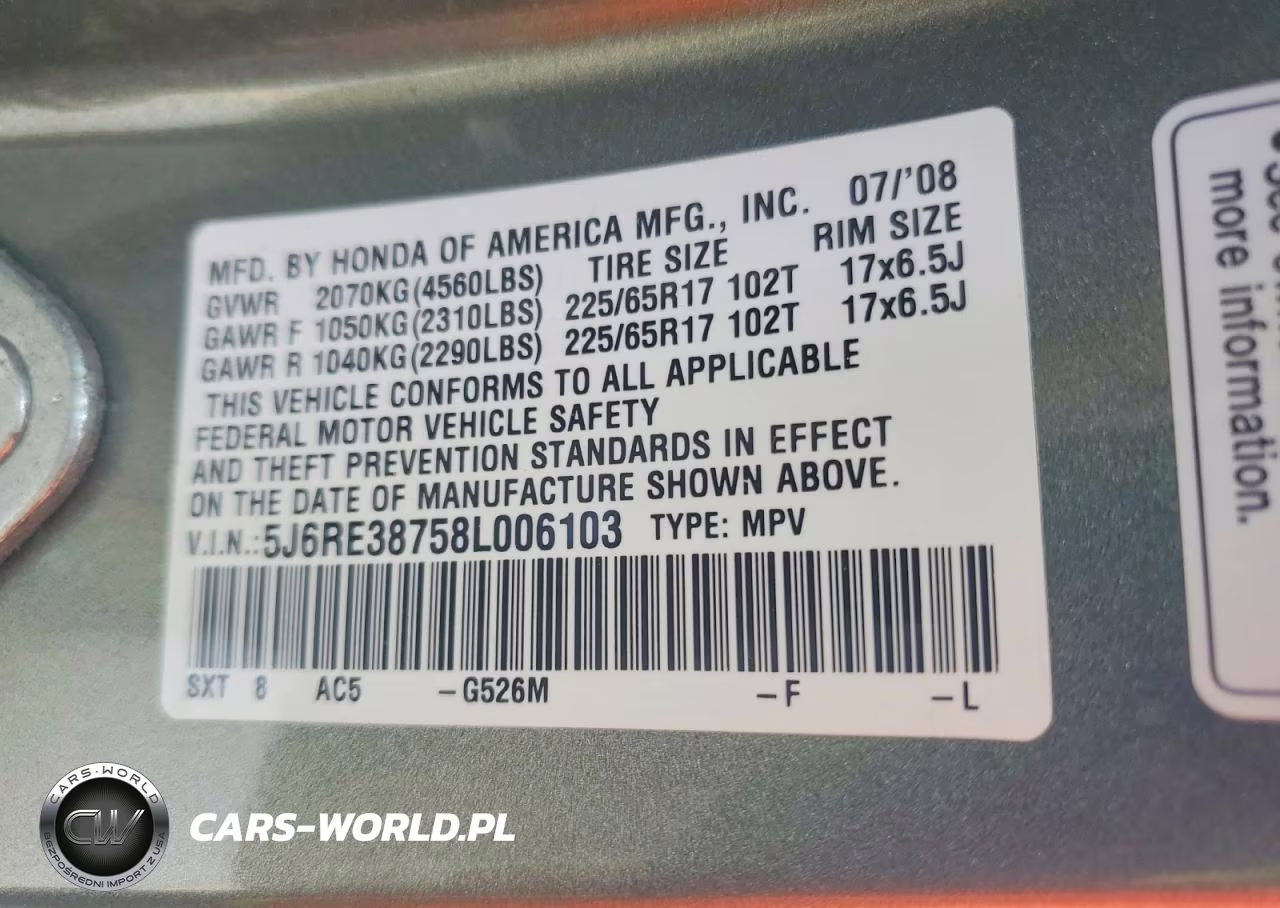 2008 Honda Cr-V Exl VIN:5J6RE38758L006103 - 13