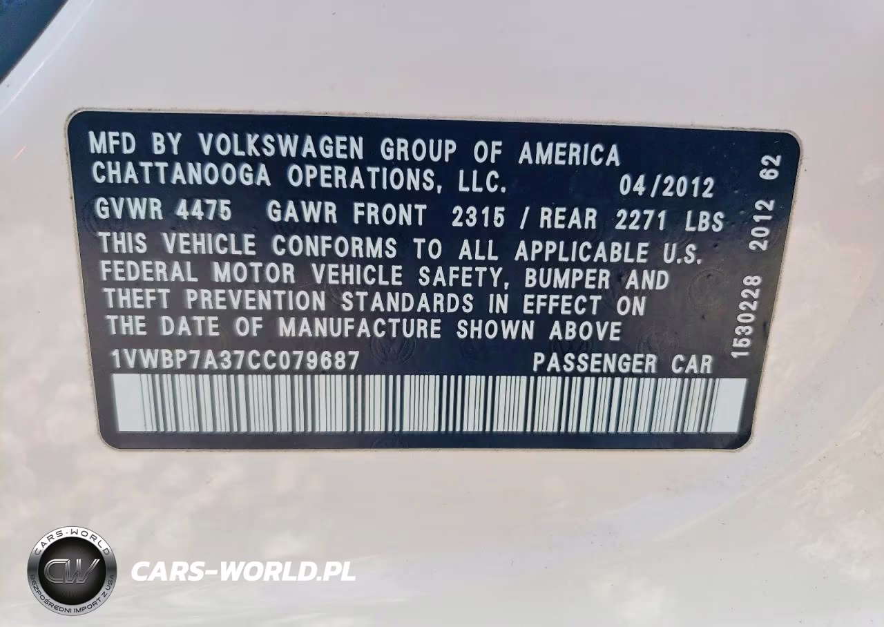 2012 Volkswagen Passat Se VIN:1VWBP7A37CC079687 - 12