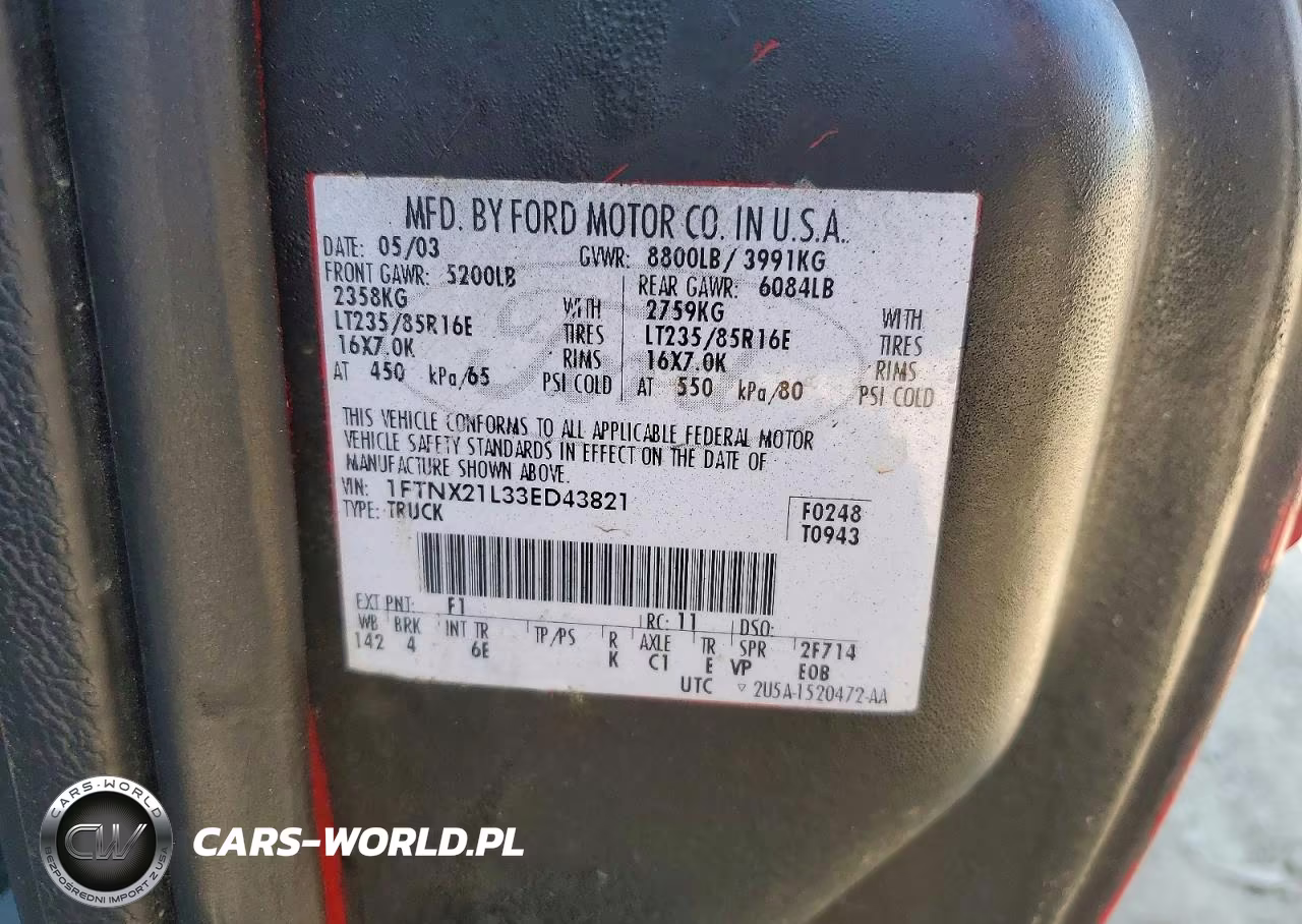 2003 Ford F250 Super Duty VIN:1FTNX21L33ED43821 - 12