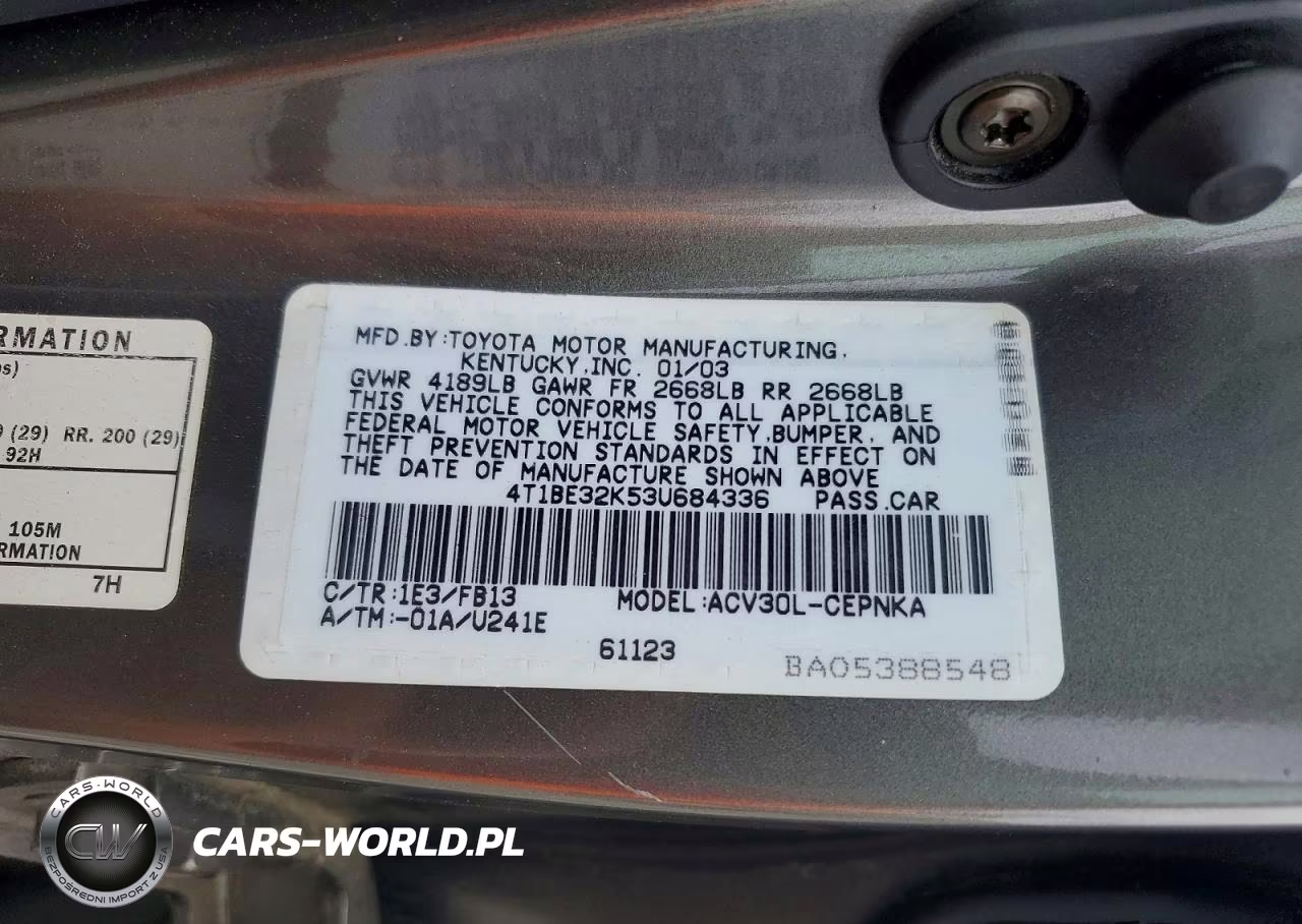 2003 Toyota Camry Le VIN:4T1BE32K53U684336 - 12
