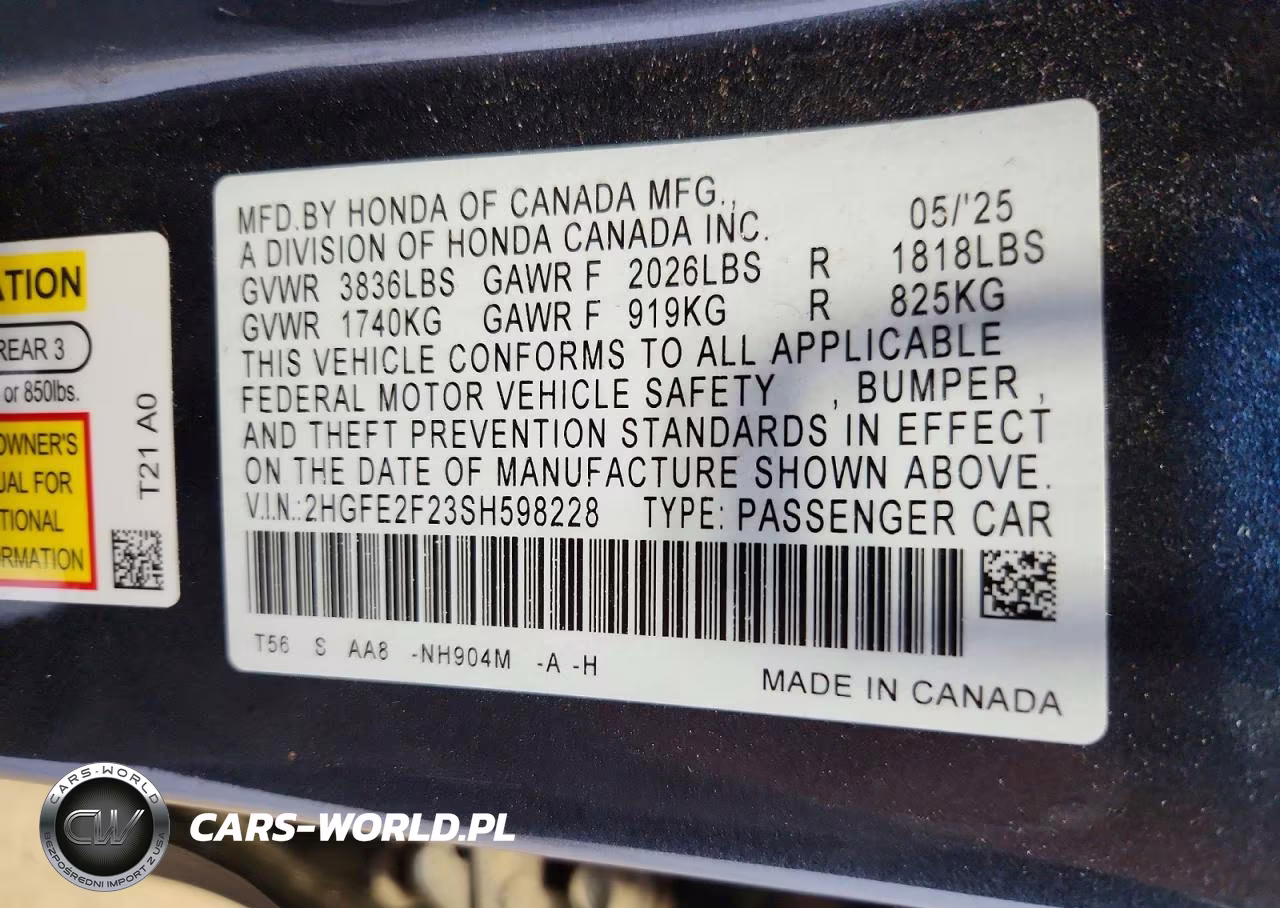 2025 Honda Civic Lx VIN:2HGFE2F23SH598228 - 12