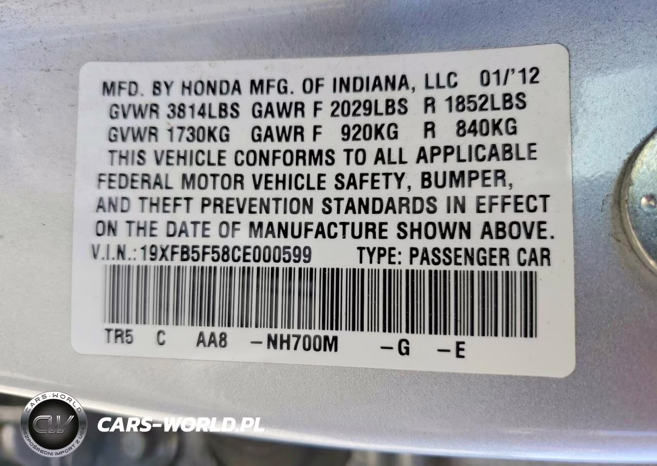 2012 Honda Civic Natural Gas VIN:19XFB5F58CE000599 - 12