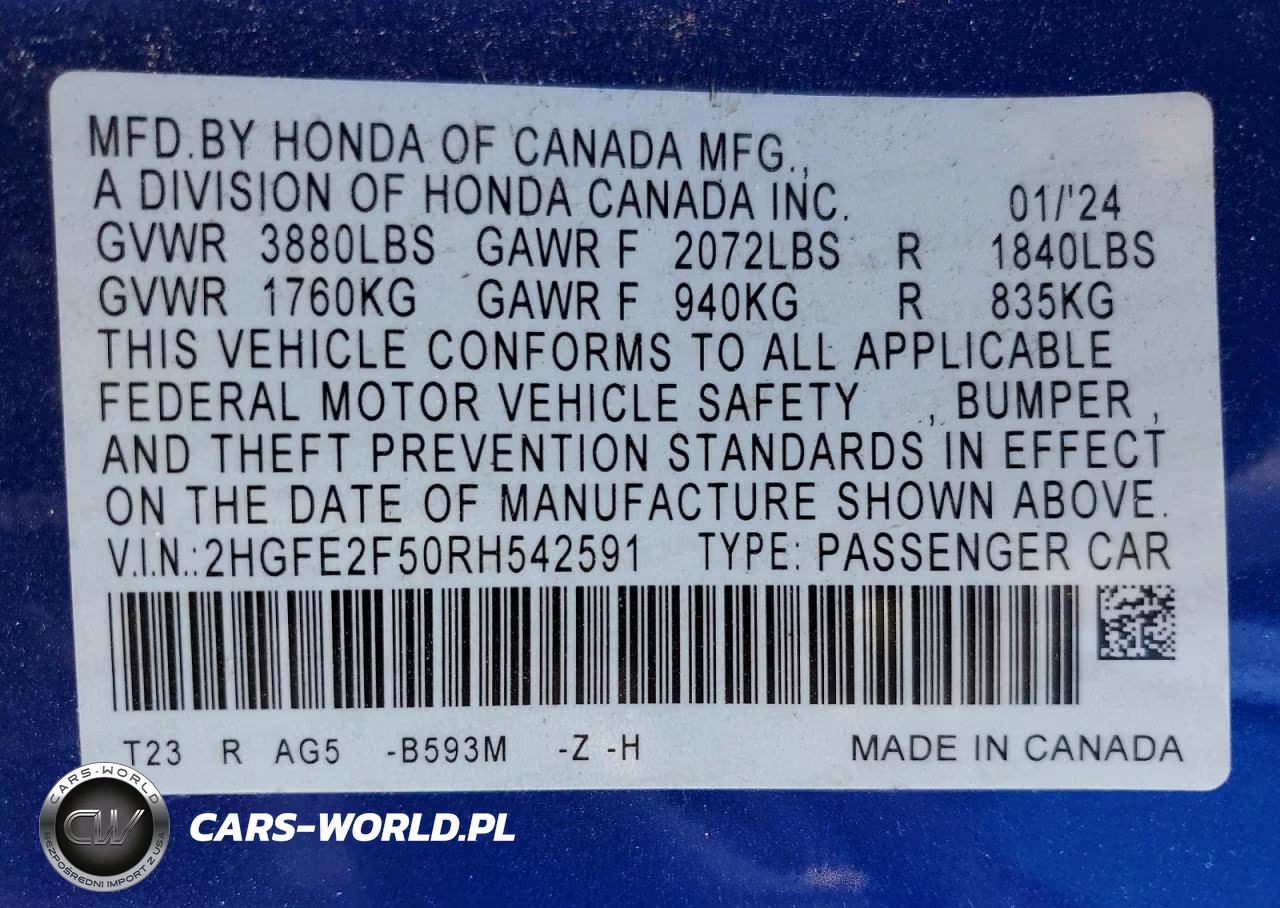 2024 Honda Civic VIN:2HGFE2F50RH542591 - 12