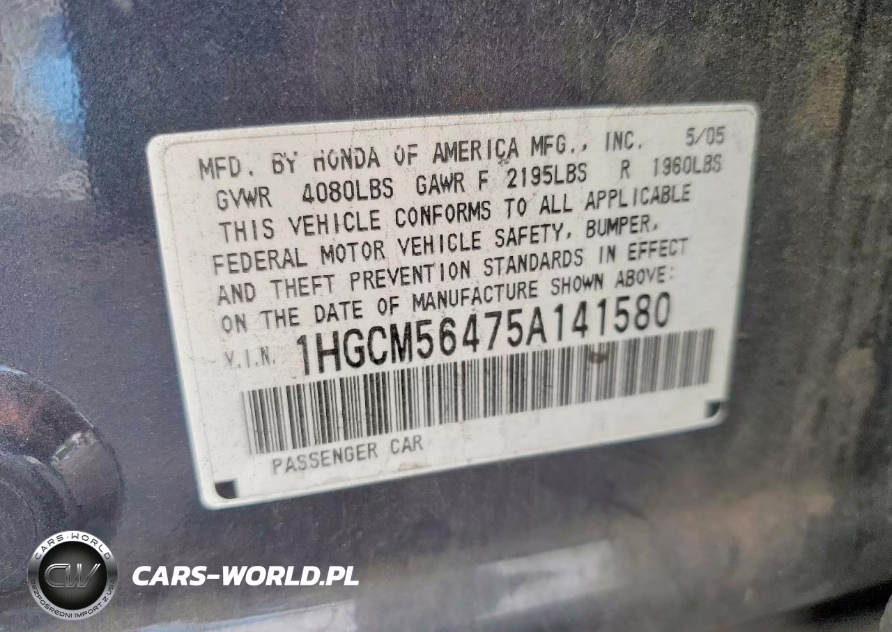 2005 Honda Accord Lx VIN:1HGCM56475A141580 - 12