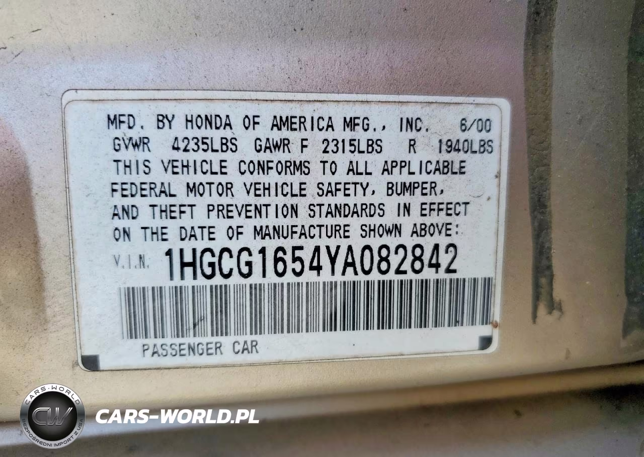 2000 Honda Accord Ex VIN:1HGCG1654YA082842 - 12