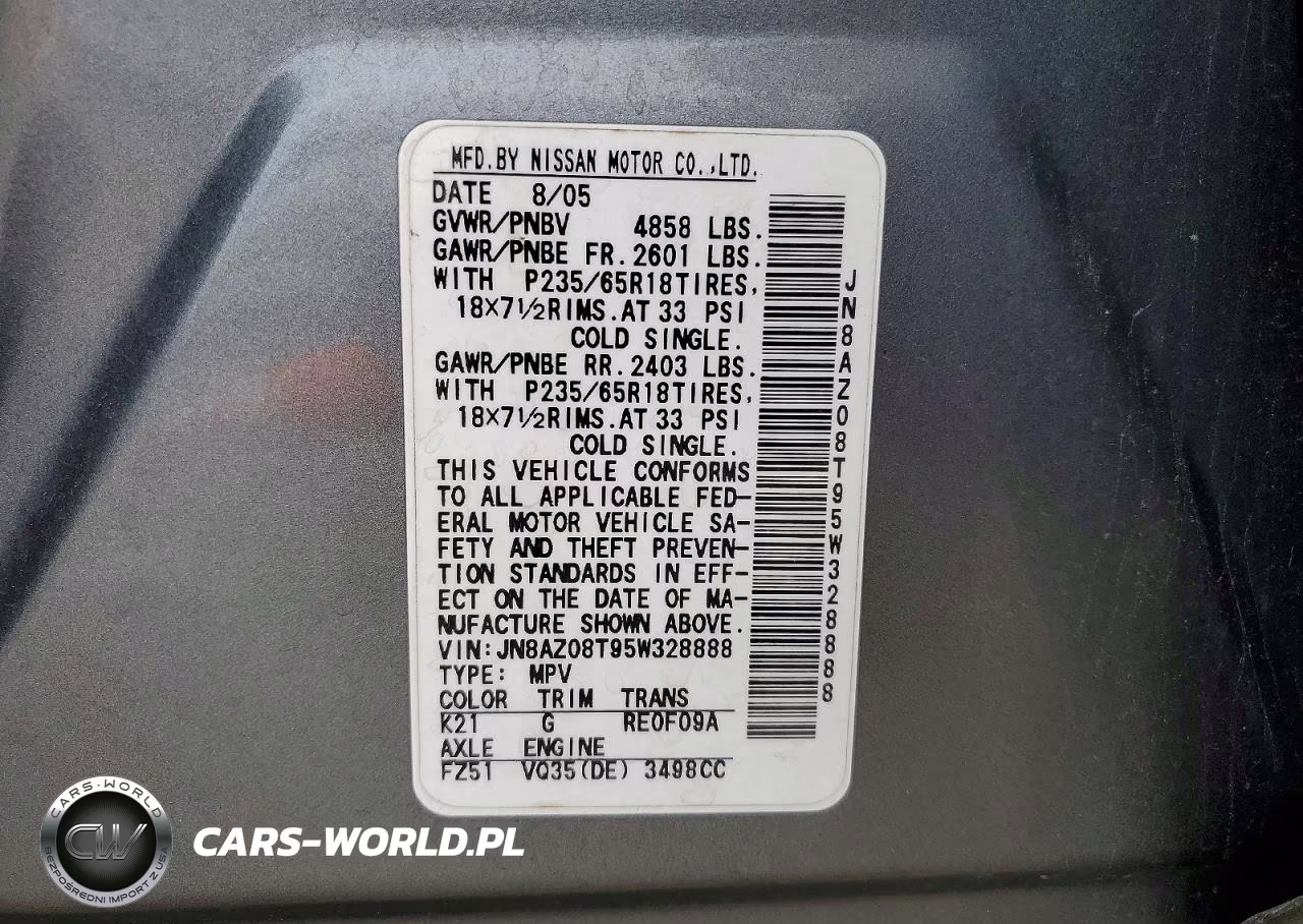 2005 Nissan Murano S VIN:JN8AZ08T95W328888 - 12