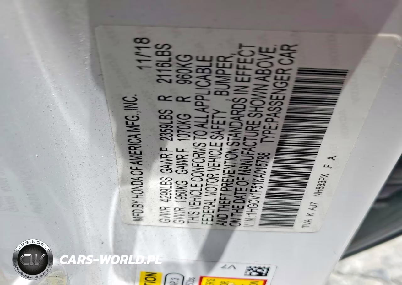 2019 Honda Accord Exl VIN:1HGCV1F51KA015788 - 12