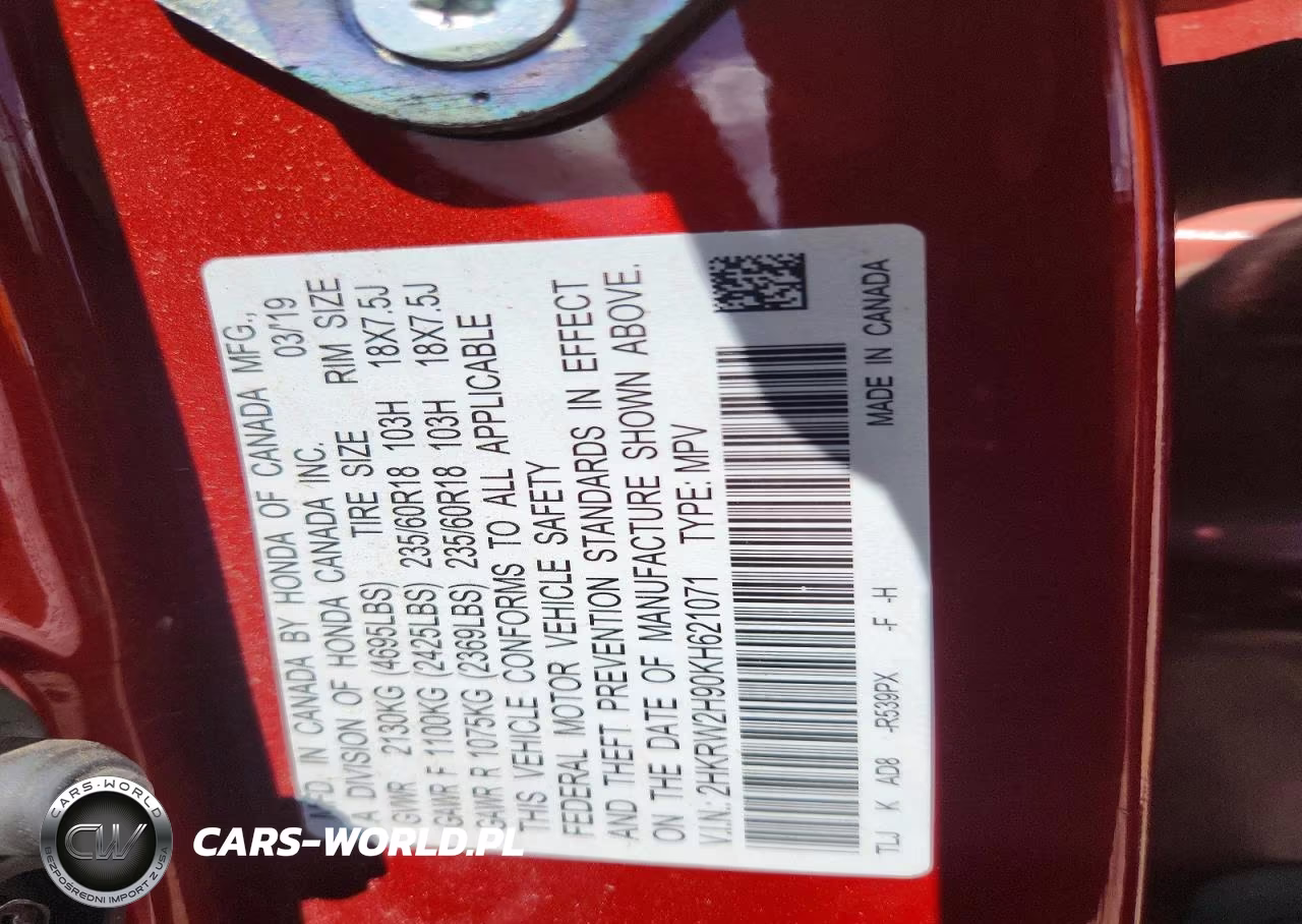2019 Honda Cr-V Touring VIN:2HKRW2H90KH621071 - 12