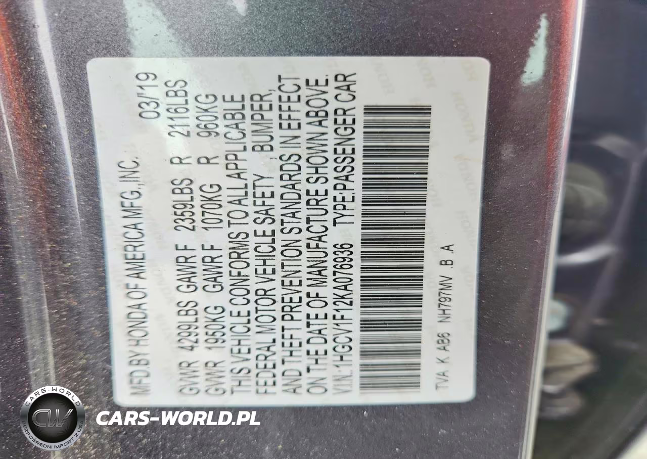 2019 Honda Accord Lx VIN:1HGCV1F12KA076936 - 12