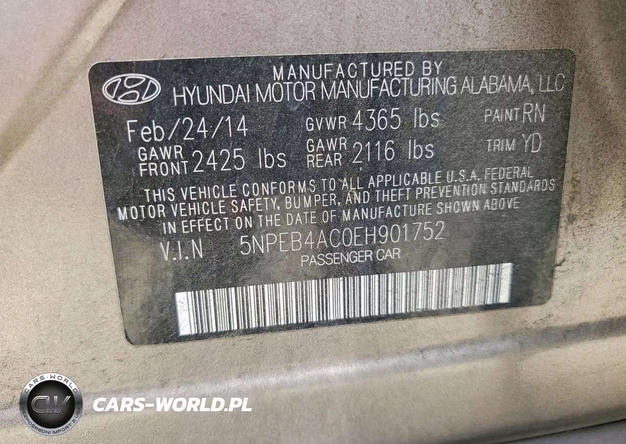 2014 Hyundai Sonata Gls VIN:5NPEB4AC0EH901752 - 12