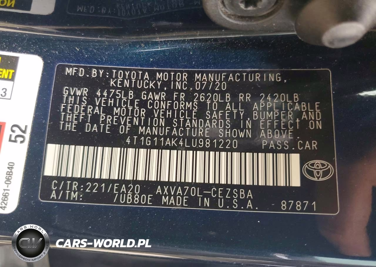 2020 Toyota Camry Se VIN:4T1G11AK4LU981220 - 12