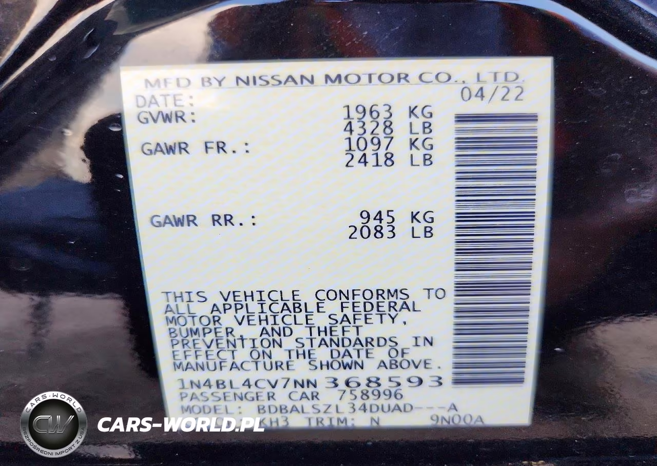 2022 Nissan Altima Sr VIN:1N4BL4CV7NN368593 - 12
