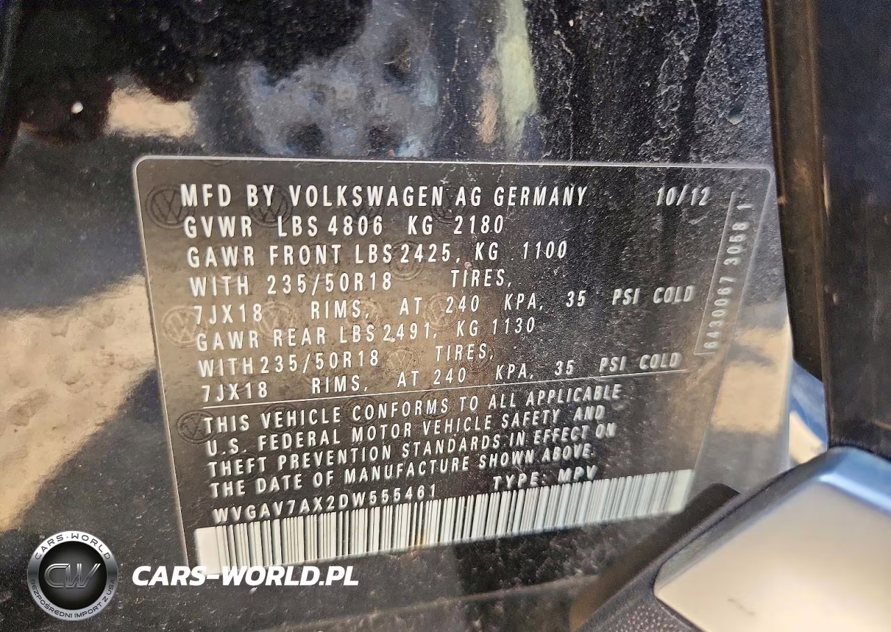 2013 Volkswagen Tiguan S VIN:WVGAV7AX2DW555461 - 12