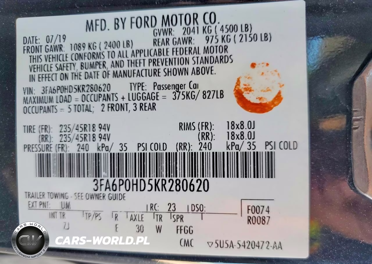 2019 Ford Fusion Se VIN:3FA6P0HD5KR280620 - 12
