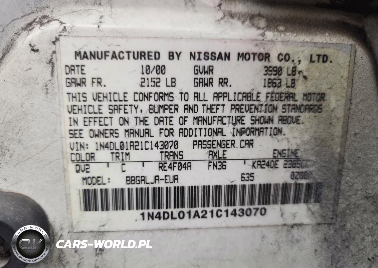 2001 Nissan Altima Gxe VIN:1N4DL01A21C143070 - 12