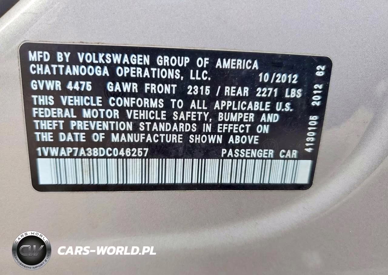 2013 Volkswagen Passat S VIN:1VWAP7A38DC046257 - 12