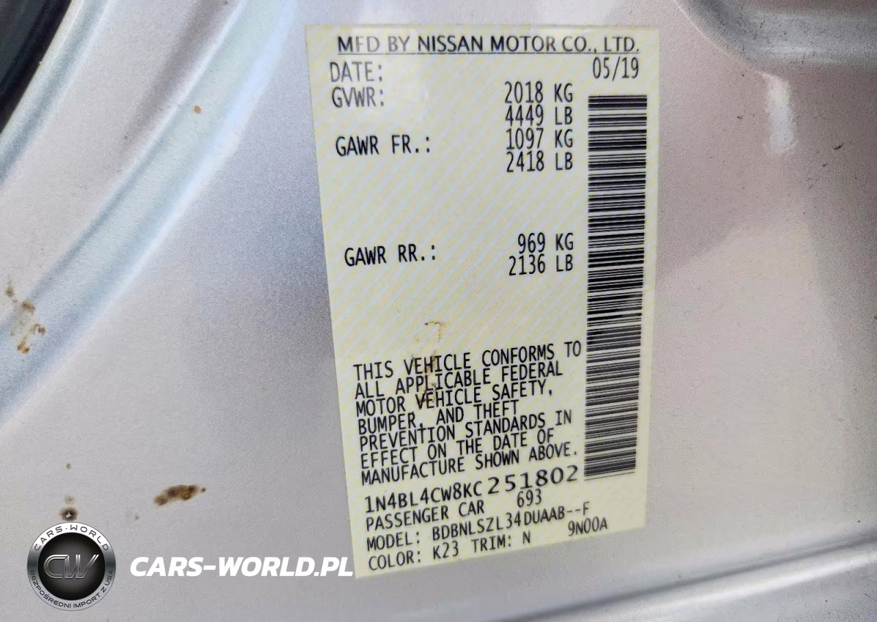 2019 Nissan Altima Sr VIN:1N4BL4CW8KC251802 - 12
