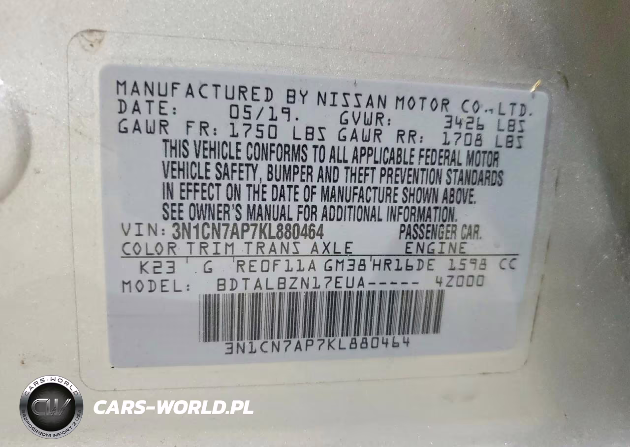 2019 Nissan Versa Sv VIN:3N1CN7AP7KL880464 - 12