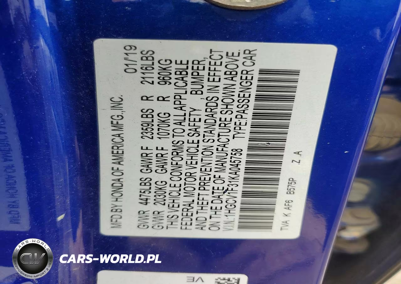 2019 Honda Accord Sport VIN:1HGCV1F31KA045758 - 12