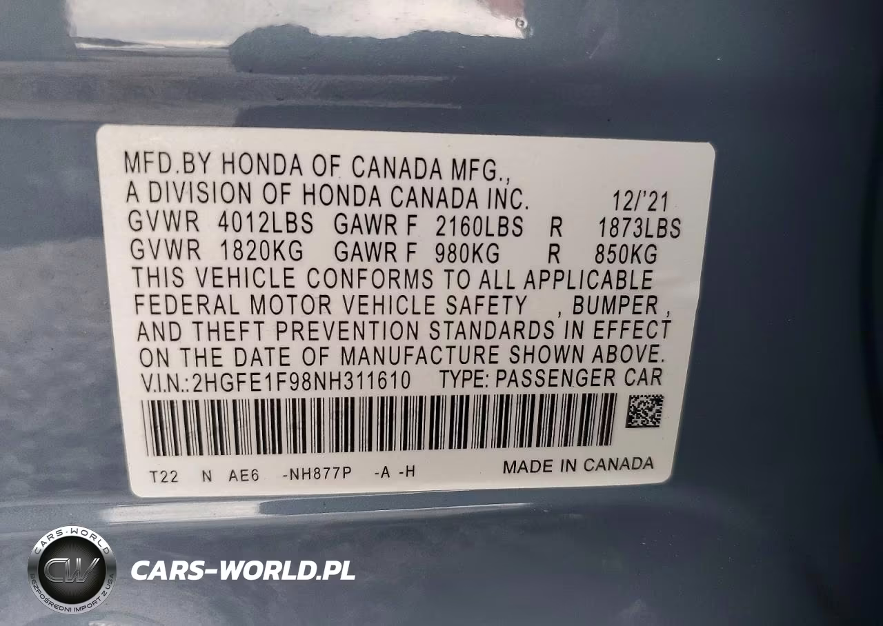 2022 Honda Civic Touring VIN:2HGFE1F98NH311610 - 12