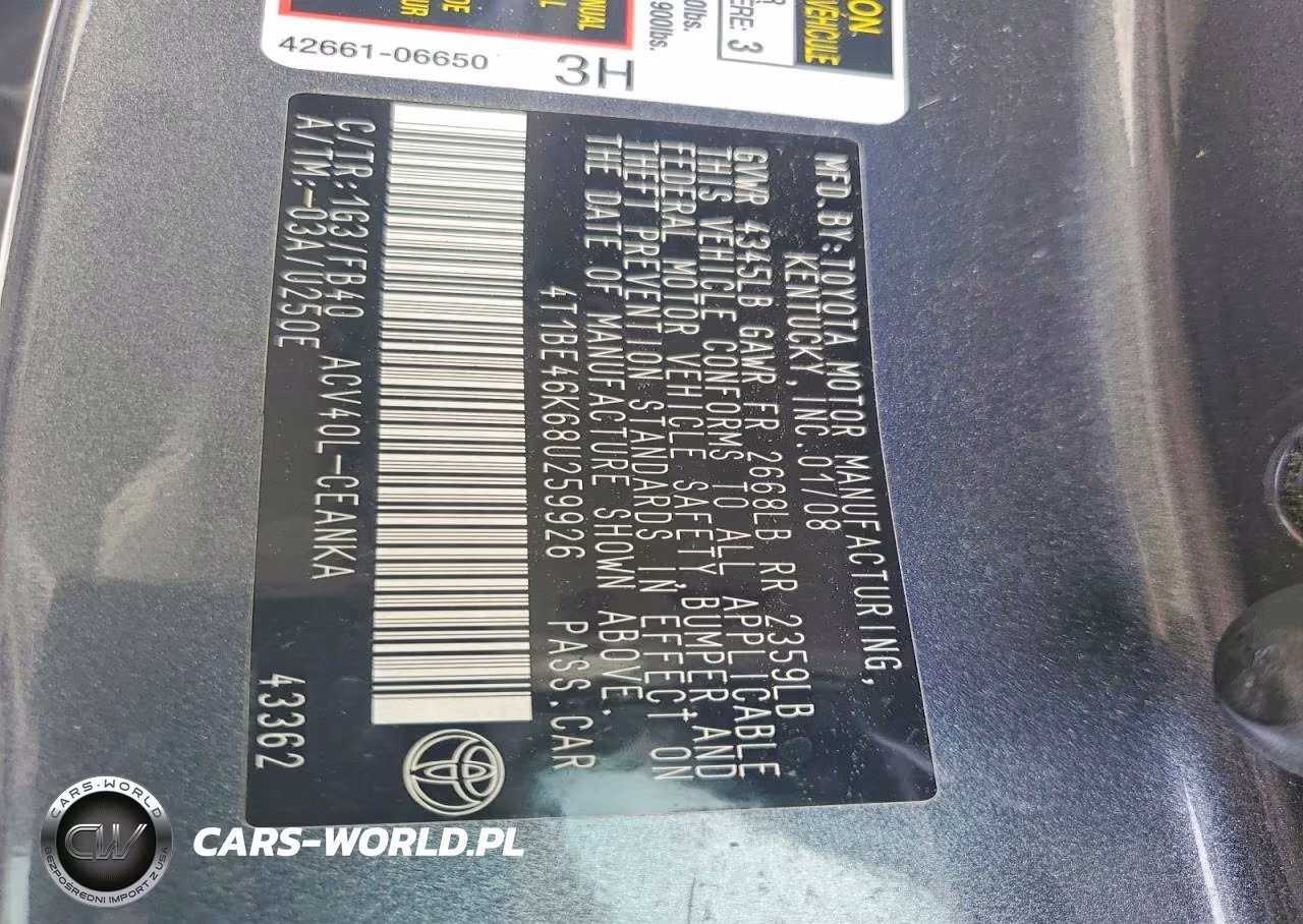 2008 Toyota Camry Le VIN:4T1BE46K68U259926 - 12