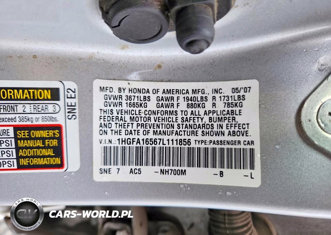 2007 Honda Civic Lx VIN:1HGFA16567L111856 - 12